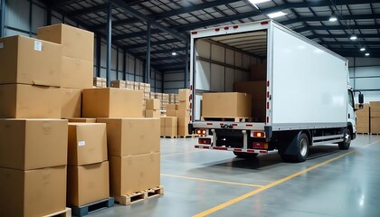 Interior of a logistic warehouse, Many cardboard boxes stacked on wooden pallets in large indoor warehouse. White refrigerated truck parked inside warehouse. Cold chain, created with generative ai	
