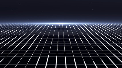 Minimal grid surface stretching to horizon on dark background. Futuristic tech scene for virtual space, sci-fi, UI, data design or modern presentations. Clean elegant digital backdrop.