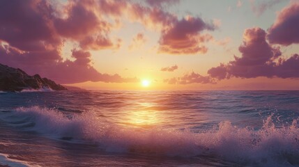 Golden Sunset Reflection Over Tranquil Ocean Waters with Dramatic Cloudy Sky