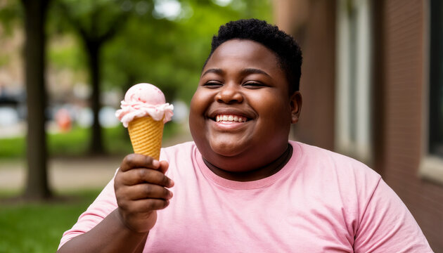 Fat boy enjoys ice cream cone on a sunny day in a park with greenery in the background - Powered by Adobe