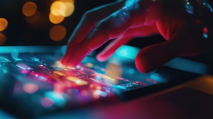 Hand interacts with a digital display showcasing vibrant circuit board graphics