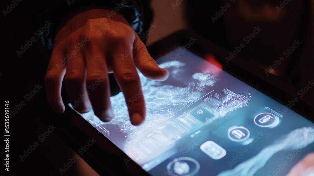 Wall mural interactive touch screen interface with finger touch for digital interaction concept