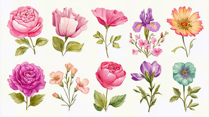 Set of detailed realistic colorful botanical floral illustrations