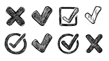 Hand-drawn check marks and crosses in various styles and designs