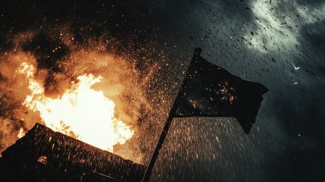 Intense depiction of a burning structure alongside a raised flag in a dark, stormy setting