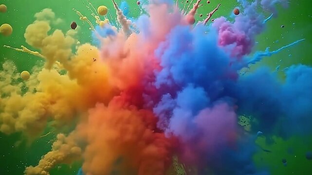 Against a lush green background, the explode colorful dust surface effect creates a spectacular scene of vibrant pigments scattering energetically in swirling patterns.