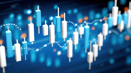 Financial chart visualization with candlestick pattern in blue data background