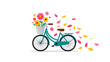 Fototapeta premium Charming Teal Bicycle with Basket of Colorful Flowers and Floating Petals a Whimsical and Cheerful Illustration Perfect for Spring Summer and Nature Themed Designs on