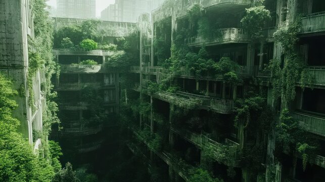 Overgrown ruins of an abandoned city, a testament to nature's reclaim of the urban landscape - Powered by Adobe