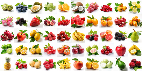 Colorful assortment of fresh fruits arranged on a white background