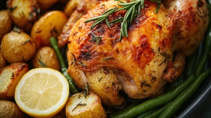 Roasted chicken with potatoes, green beans, and lemon for a delicious meal