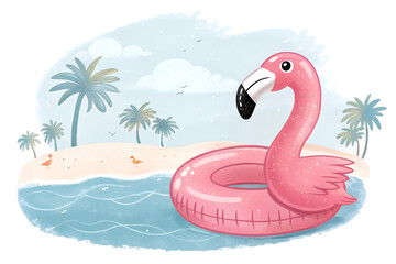 Obraz premium Summer pink vacation beach with flamingo inflatable PNG Image