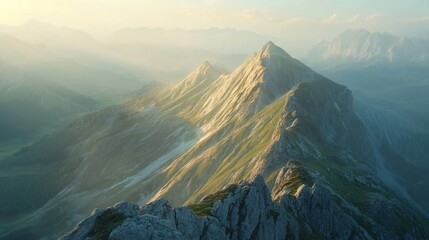 Scenic aerial view of majestic mountain range bathed in soft, golden sunlight