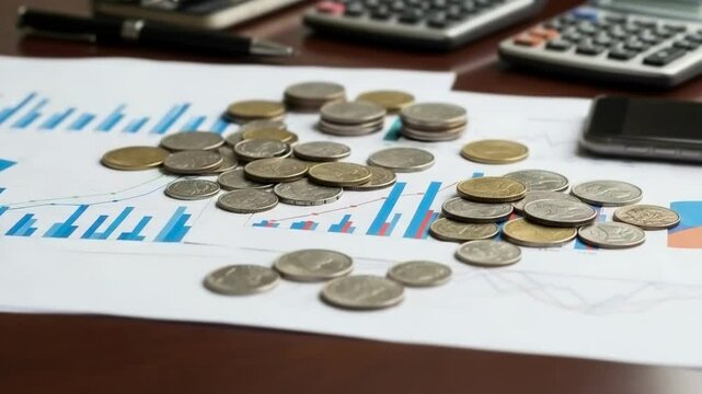 Coins scattered on financial reports with calculators and pen