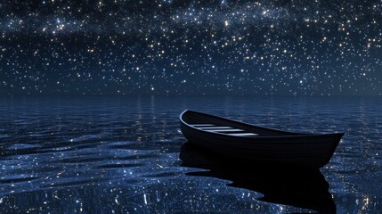 Serene night seascape featuring a solitary boat under a star filled sky