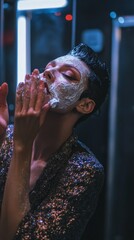 A drag queen removing makeup and cleansing their face after a performance, backstage realism