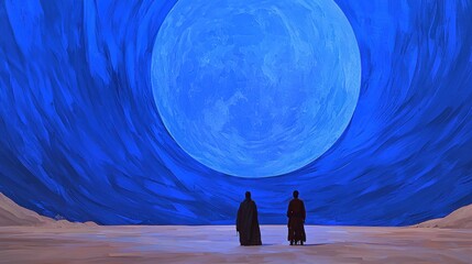 Two figures beneath a giant blue planet on a surreal desert landscape
