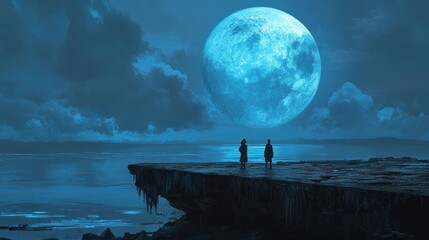 Two figures gazing at a massive moon over the ocean landscape at night
