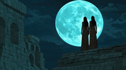 Two figures silhouetted against a vibrant moon above ancient ruins in the night