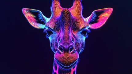 Vibrant Neon Giraffe Portrait on Dark Background Captures Wildlife Beauty and Art
