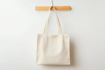 Creamcolored tote bag hanging on a wooden bar against white wall (1)