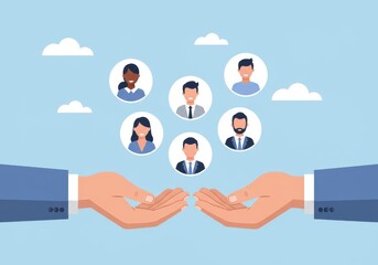 Two hands gently hold a network of diverse people representing teamwork and collaboration