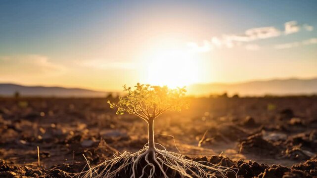 Lone tree sapling with exposed roots growing in dry earth with a vibrant sunset in the background against a blurred horizon.