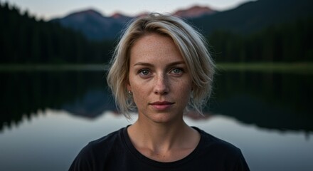 close up of woman on lake in mountains