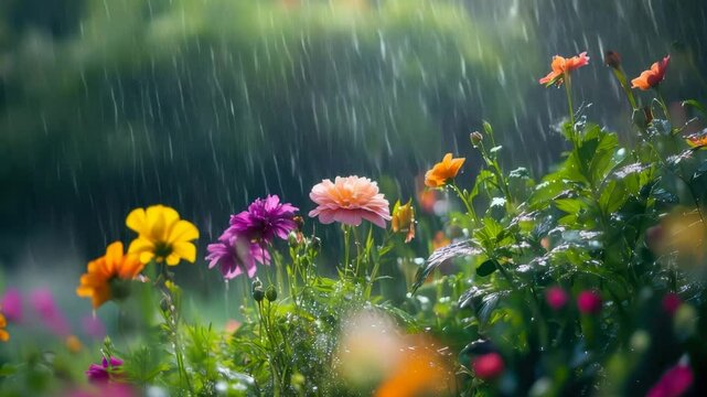 Colorful flowers in a garden during rainfall. Various blooms include yellow, pink, purple flowers. Water droplets fall from above