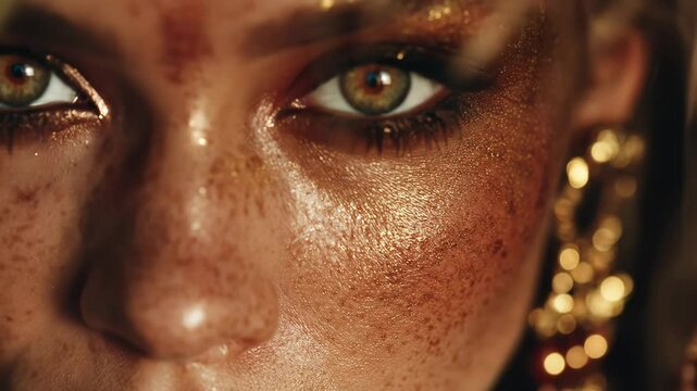 Intense close-up of a freckled, bronzed model with striking eye makeup, posing under direct sunlight that highlights her glowing complexion.

