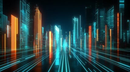 A futuristic cityscape with neon lines leading to the horizon, symbolizing innovation and progress in technology.