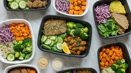 Flat lay of neatly arranged vegan meal prep containers featuring colorful plant-based meals on a marble kitchen countertop.