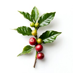 A Beautiful Coffee Plant Branch with Ripening Berries on a White Background