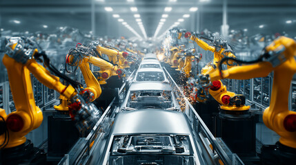 Robotic arms assembling vehicles on a modern production line, showcasing precision and automation in manufacturing.