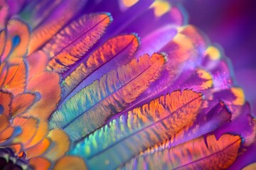 Iridescent Feathers A Vibrant Macro of Plumage with Orange and Purple Hues