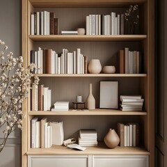 Light Wood Bookcase with Neutral Decor and Dried Flowers