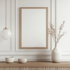 Minimalist interior featuring framed art decorative vases and a pendant light