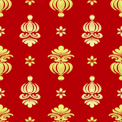 Damask seamless pattern with golden flowers and red background, vintage and luxury, vector illustration elegant for textile, wall paper, bedding, curtains, cushion cover, rug, scarf, upholstery fabric
