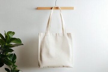 Minimalist studio shot of a white tote bag hanging on a wooden rack