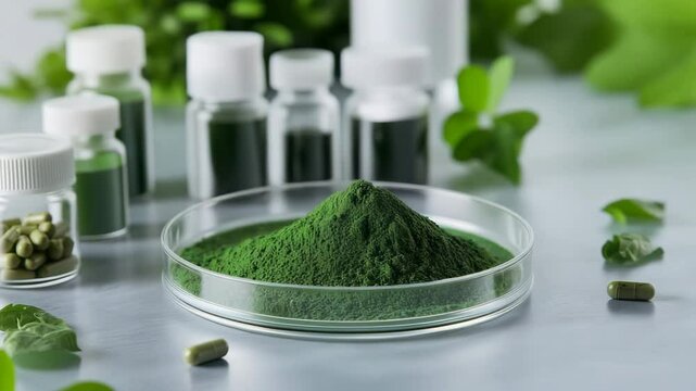 Green spirulina powder in a petri dish with glass containers filled with green supplements. Natural health concept