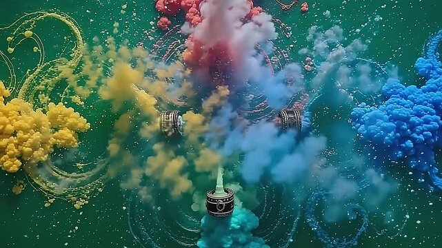 The overhead drone captures the ground-level view as machines explode bright ink water in spiraling forms, centered perfectly on a controlled green background.