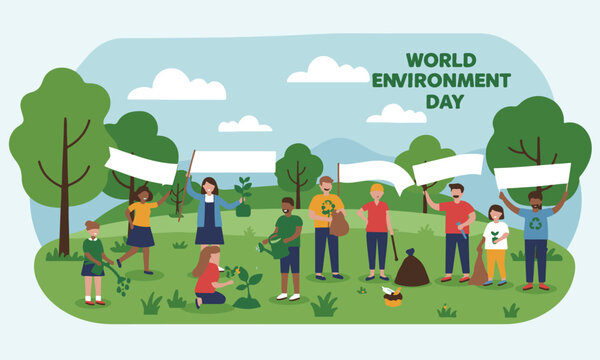 Flat design illustration depicting World Environment Day, from planting and cleaning, recycling. Perfect for environmental campaigns, educational materials, and CSR initiatives