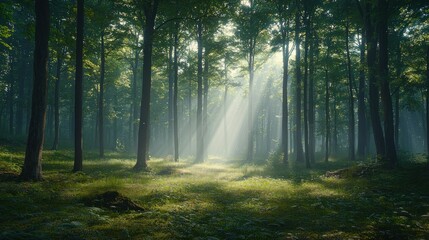Obraz premium Sunlight streams through misty forest
