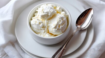 Bowl of Whipped Cream with a Spoon on a White Plate