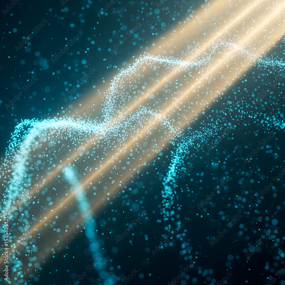 Poster dynamic streams of light and glowing particles flow through a dark blue background, creating an abst