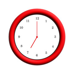 A Vibrant Red Wall Clock Displaying Seven O'Clock Against a Clean White Background
