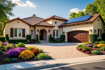 Luxurious mediterranean style home solar panels landscaped driveway