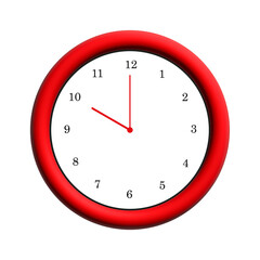 A classic red round wall clock showing almost ten o'clock against a white background