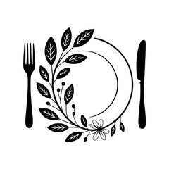 Elegant dining logo with fork, spoon, and floral design
