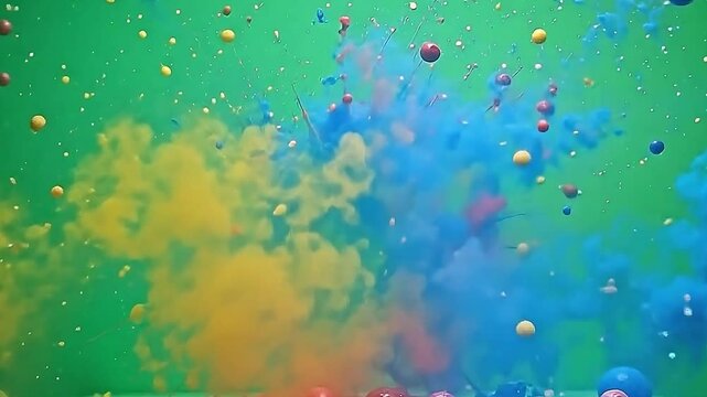 Paintballs suspended midair explode bright ink water on impact with invisible walls, producing symmetrical bursts across the flat green background.